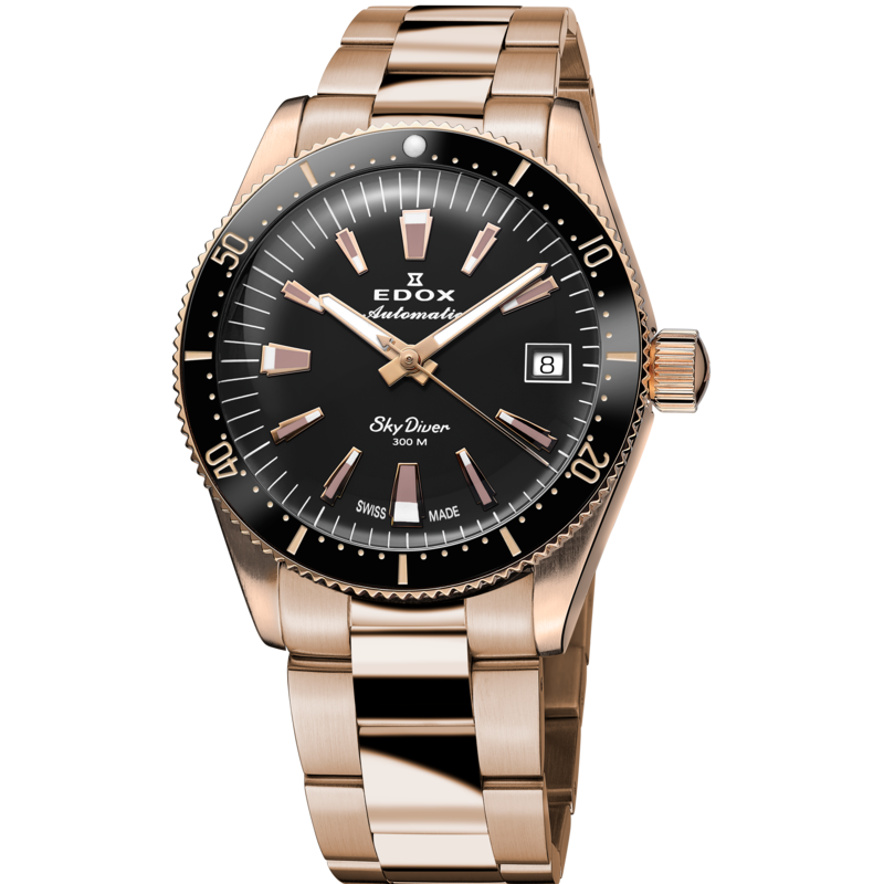 Montre Edox Skydiver 38 date automatic 80131 37RNM NI, cadran noir, boîtier et bracelet en acier recouverts de PVD or rose.