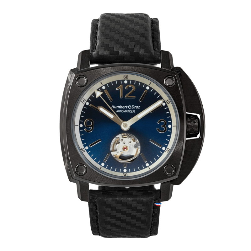 Montre Française Humbert Droz HD10 Citadelle, boîtier noir, cadran bleu profond et bracelet en cuir noir.