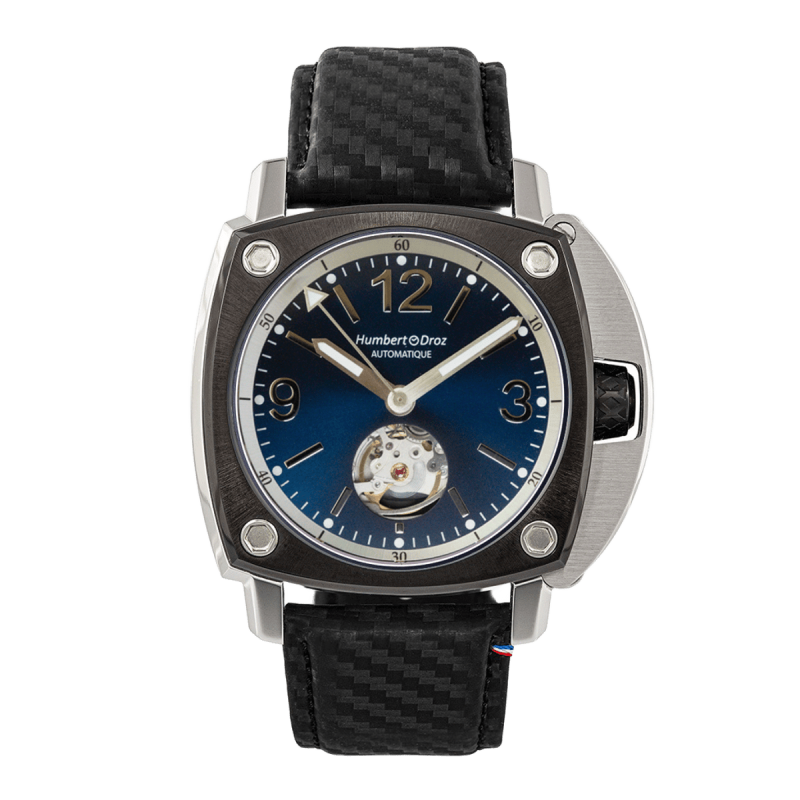 Montre automatique Humbert Droz HD10 Palais Granvelle, en acier, cadran bleu foncé et bracelet noir.