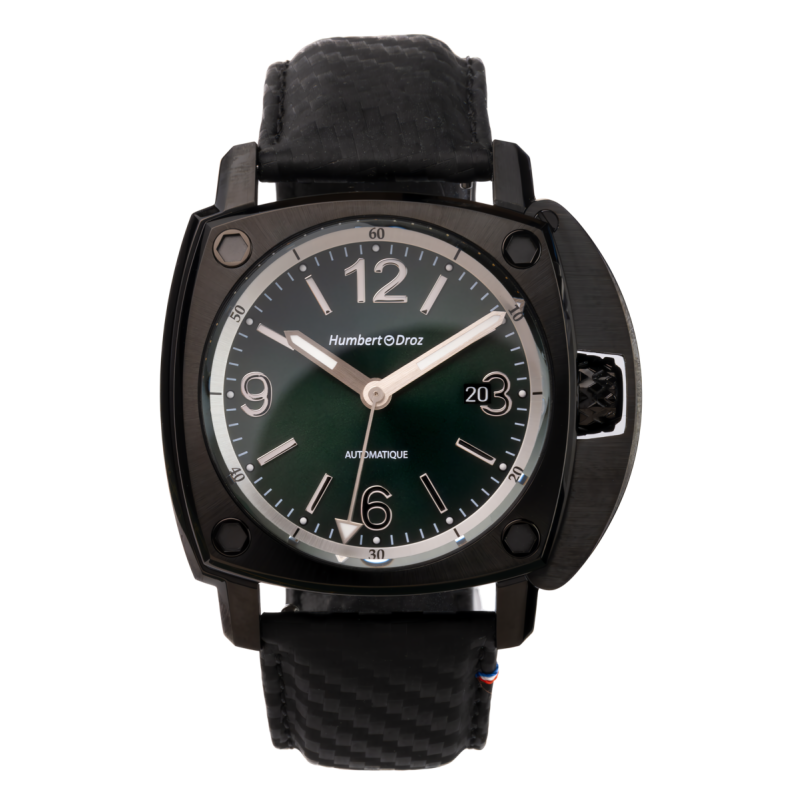 Humbert Droz HD11 Germinal en acier PVD noir et son cadran vert profond soleillé.