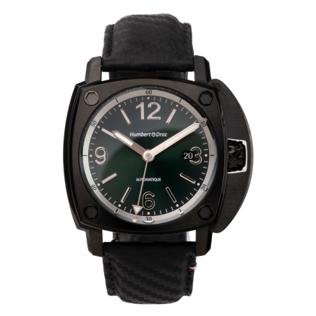 Humbert Droz HD11 Germinal en acier PVD noir et son cadran vert profond soleillé.