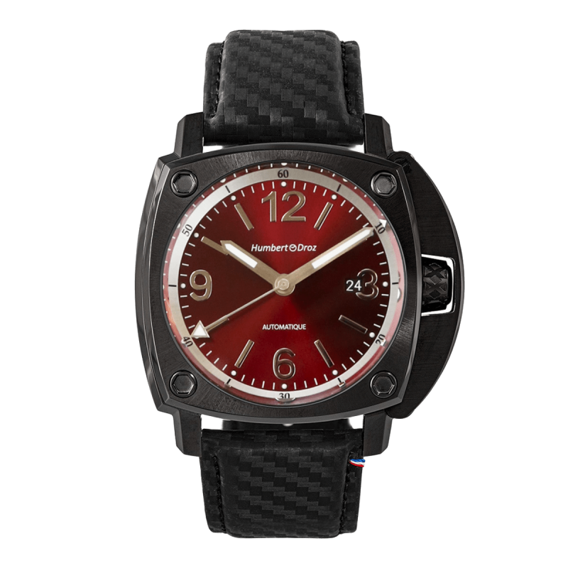Humbert Droz HD 11 Thermidor. Une montre Française en acier PVD noir, cadran rouge et bracelet en cuir noir.