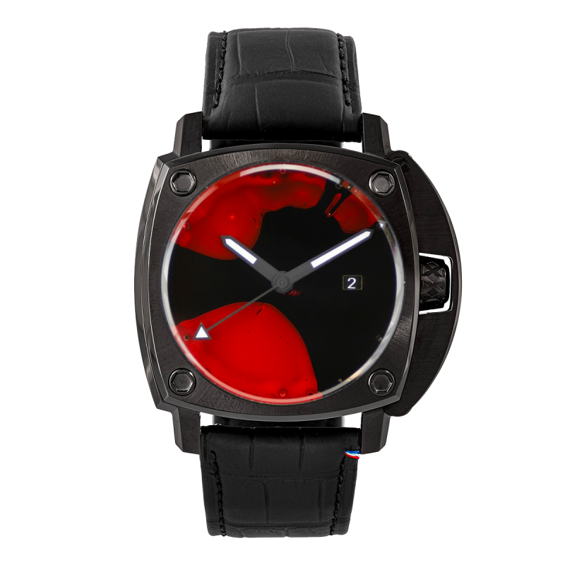 Humbert Droz HD11 édition Paul Kenton Amour 7. Cadran unique rouge et noir, boîtier noir et bracelet en cuir noir.