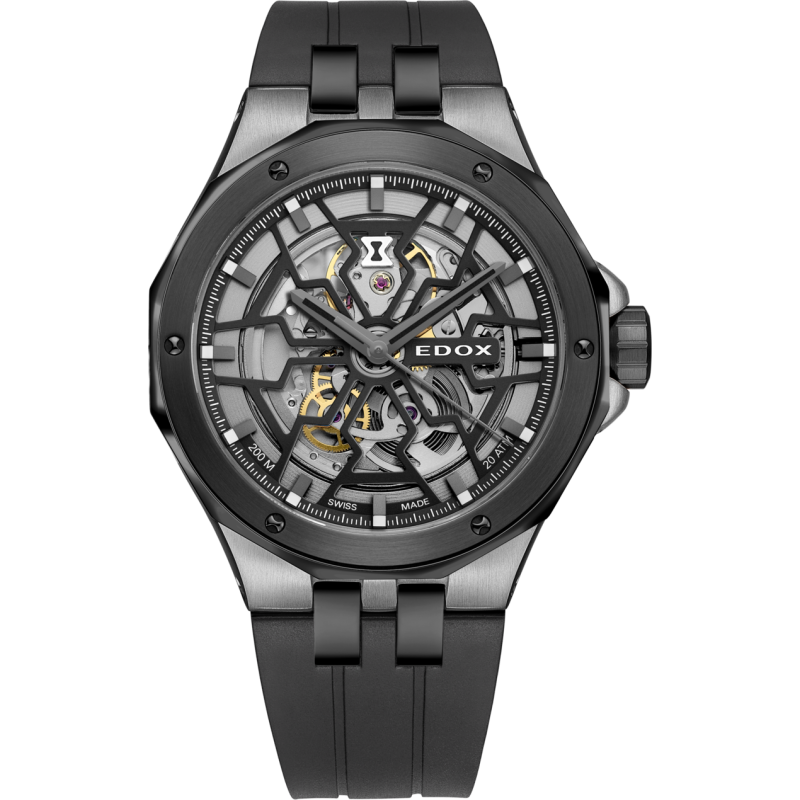 Montre Suisse Edox Delfin the original mecano automatic 85303 357GN NGN en PVD gris, cadran squelette et bracelet en caoutchouc.