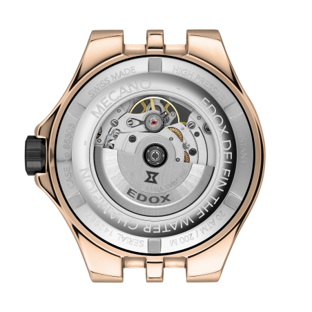 Fond de boîte transparent, avec mouvement Edox 853, finitions et décorations horlogères haut de gamme.