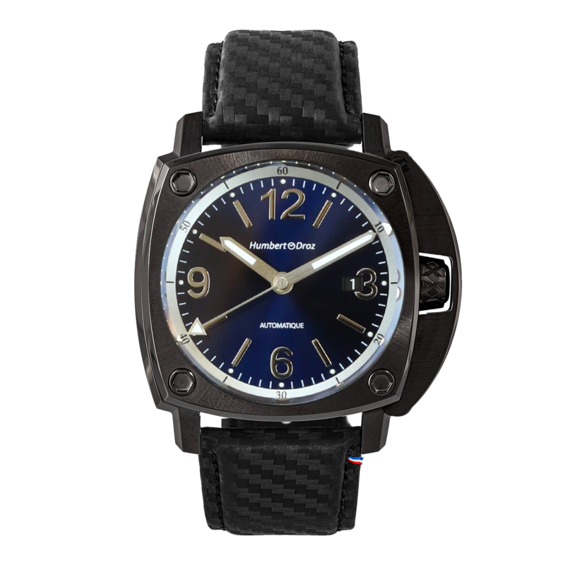 Humbert Droz HD11 Ventôse En acier PVD noir, bracelet en cuir décor carbone et cadran bleu soleillé.