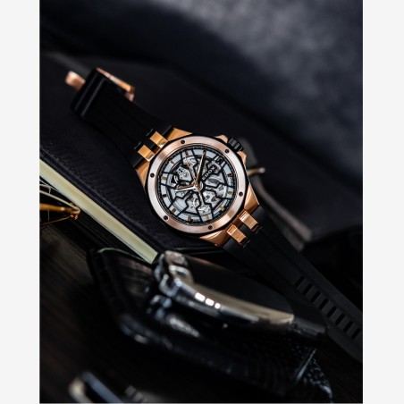 Edox Delfin mecano, montre automatique Suisse, rose gold et caoutchouc noir mat.