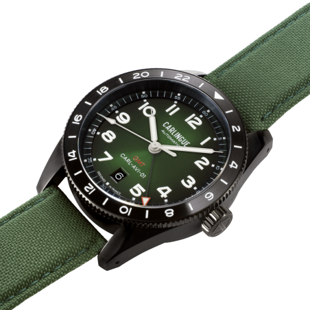 Montre française avec mouvement automatique  Carlingue Aviation 01  Noir & Vert CT-002-A "Nylon" 