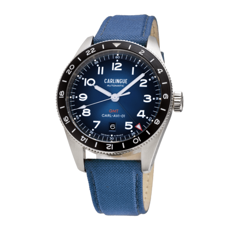 Montre GMT Française, Carlingue au cadran bleu et bracelet bleu, étanche à 10 ATM.