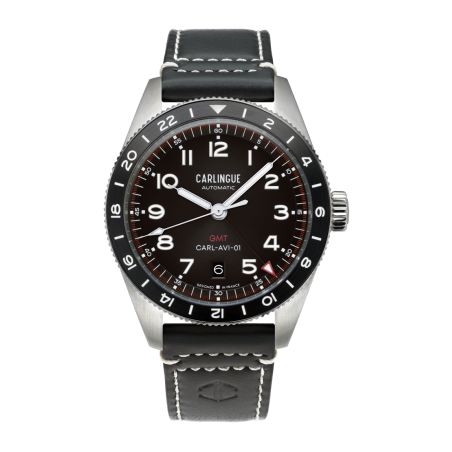 Montre automatique française Carlingue Aviation 01 Noir & Cuir Noir CT-002-B "Cuir"