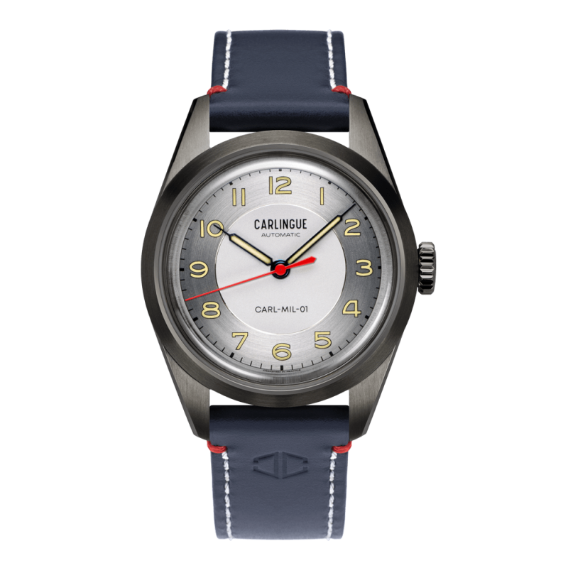Montre Française Carlingue Military 01 Acier griséCT-003-A et son bracelet en cuir bleu.
