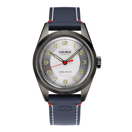 Montre Française Carlingue Military 01 Acier griséCT-003-A et son bracelet en cuir bleu.