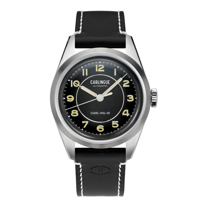 Carlingue Military 01 Noir CT-003-B, cadran noir et bracelet en cuir noir et surpiqûres blanches.