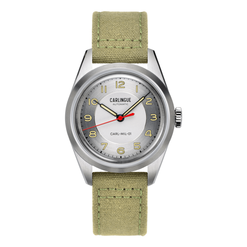 Montre Carlingue Military 01 Vert kaki CT-003-C, boîte en acier 316L, cadran couleur acier et bracelet en toile couleur kaki.