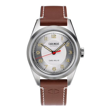 Carlingue Military 01 CT-003-C avec boîte en acier, cadran gris et bracelet en cuir couleur cognac.