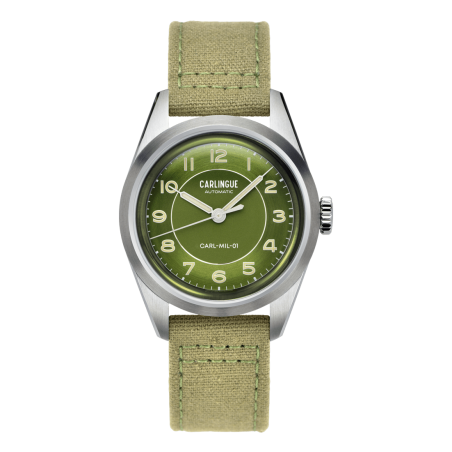 Montre automatique Carlingue Military 01 CT-003-D avec son cadran vert olive et son bracelet en toile vert kaki.