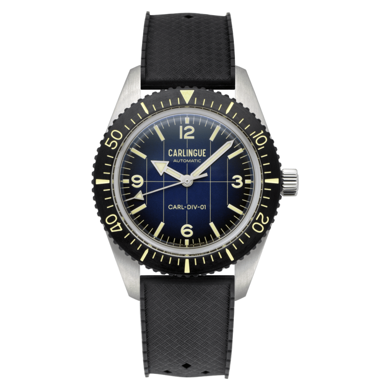 Montre Carlingue Diver 01 Bleu CT-001-C, lunette noire, cadran noir et bleu et bracelet en silicone noir.