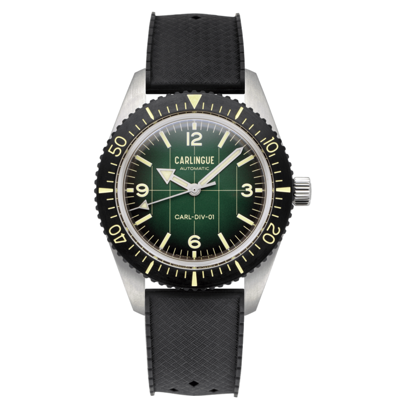 Carlingue Diver 01 Vert CT-001-D, montre automatique Française avec boîtier en acier 316L et bracelet en silicone noir.