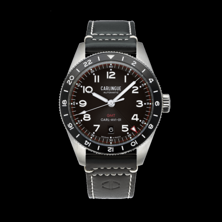 Montre automatique française Carlingue Aviation 01 Noir bracelet en cuir