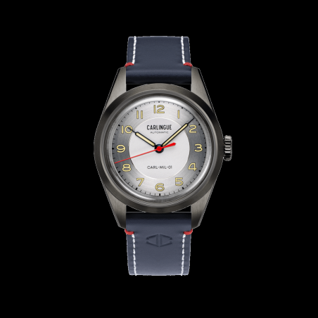 Montre militaire automatique de 36 mm étanche à 50 m avec son bracelet en cuir bleu.