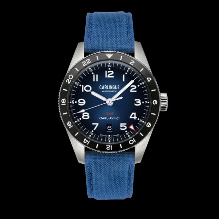 Montre de voyage bleue avec date à 6h et lunette tournante bi-directionelle en acier 316L et super luminova.