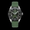 Montre de voyage de 40 mm de diamètre avec cadran et bracelet vert.