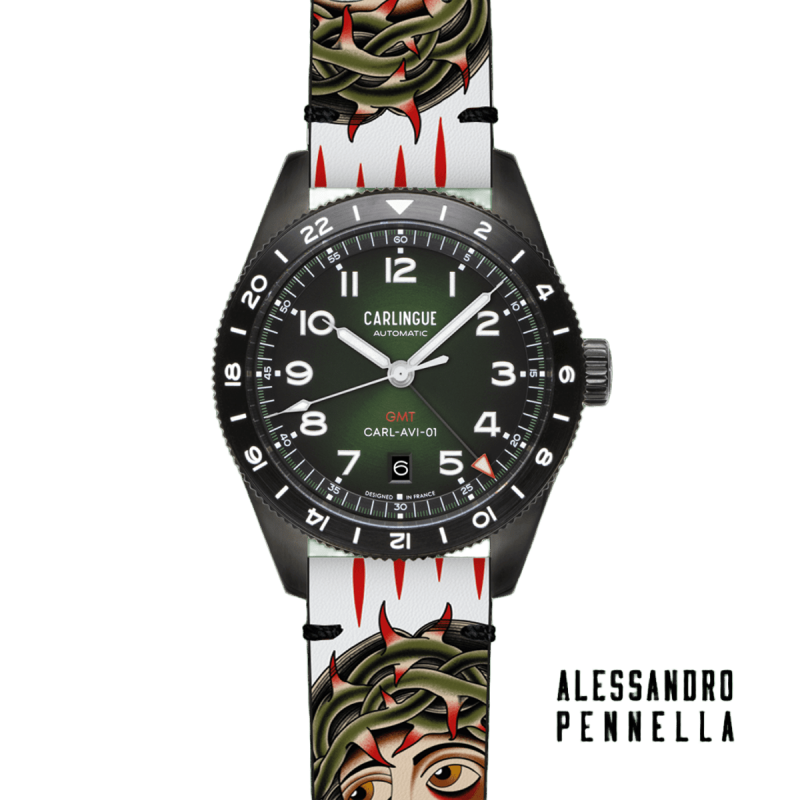 Carlingue Aviation 01 Noir CT-002-A Cristo Tattoo avec complication GMT.