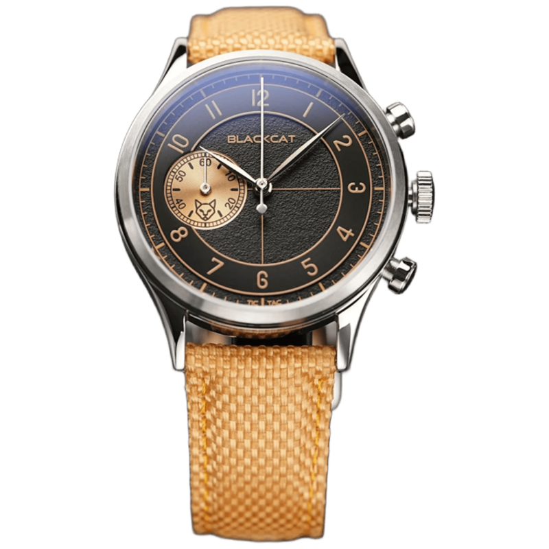 Chronographe Blackcat Shaka Copper Black. Montre en acier et bracelet textile couleur caramel.