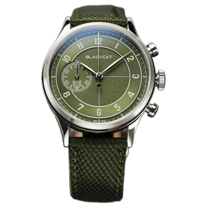 Blackcat Shaka Green, chronographe en acier, cadran vert et bracelet tissu vert.