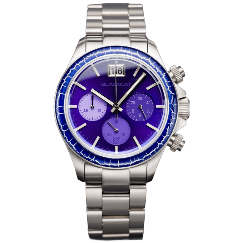 Montre Blackcat Shura Purple avec cadran violet, sous-compteurs chronographe et boîtier et bracelet Titane.