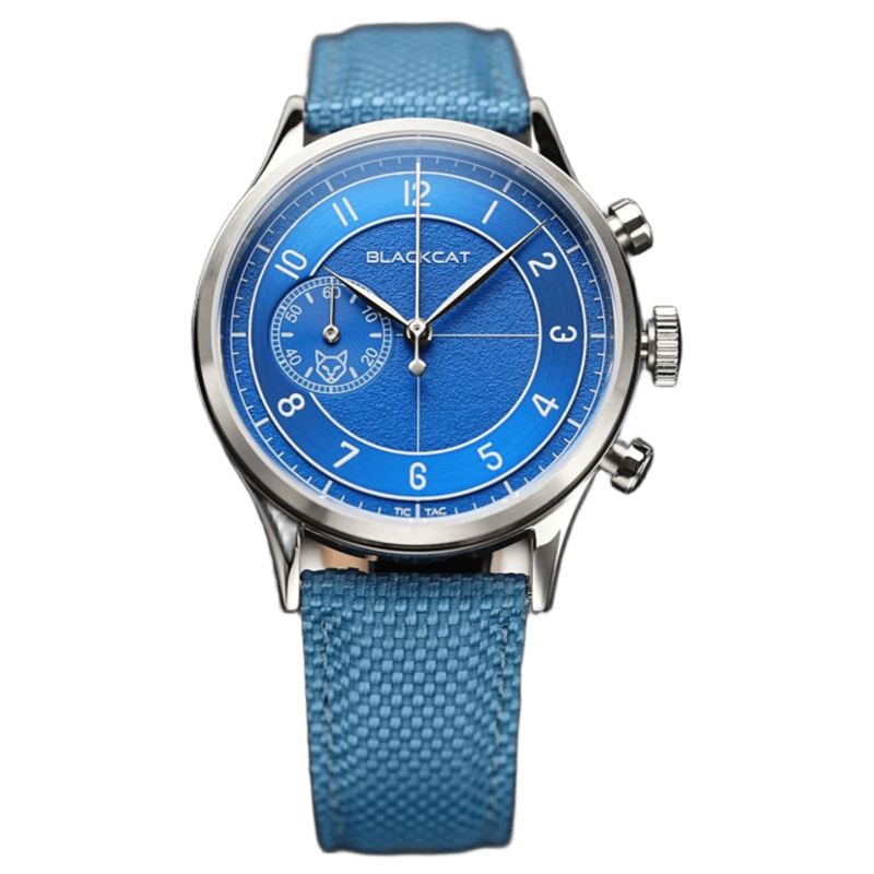 Blackcat Shaka Blue, montre chronographe en acier avec bracelet textile bleu.