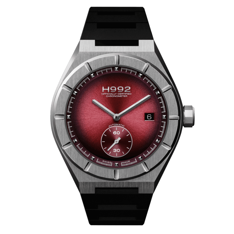 Montre automatique Suisse, H992 H1 cadran rouge Burgundy, boîtier en acier et bracelet rubber.