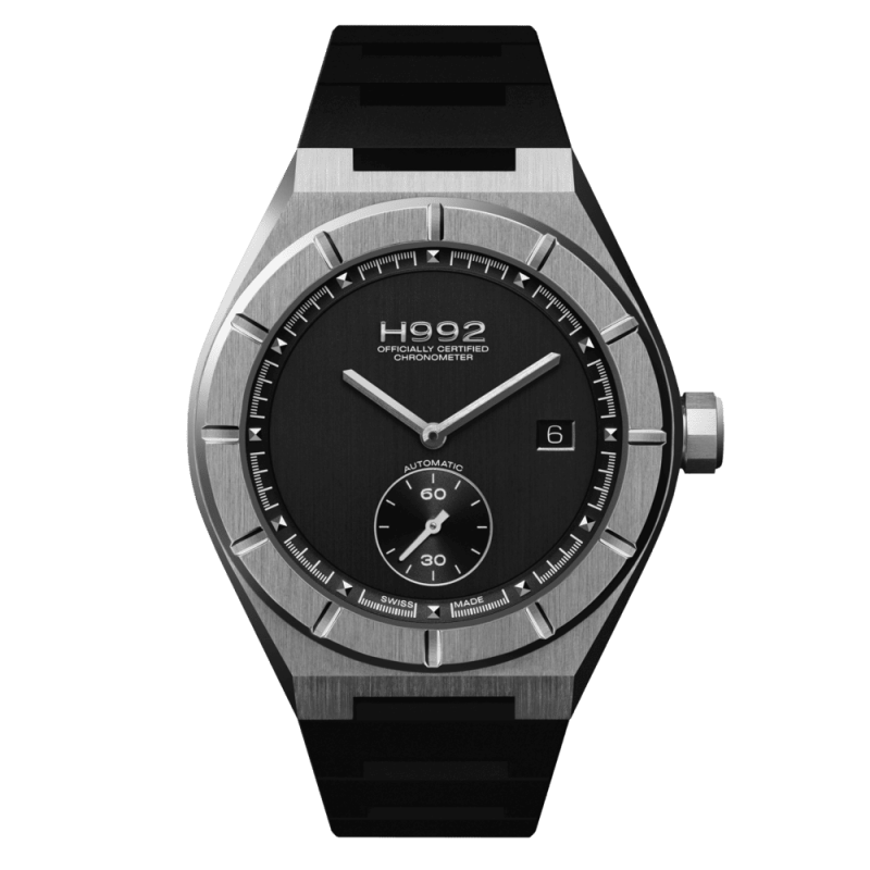 Montre sport chic Suisse H992 H1 en acier, cadran noir et bracelet caoutchouc noir.