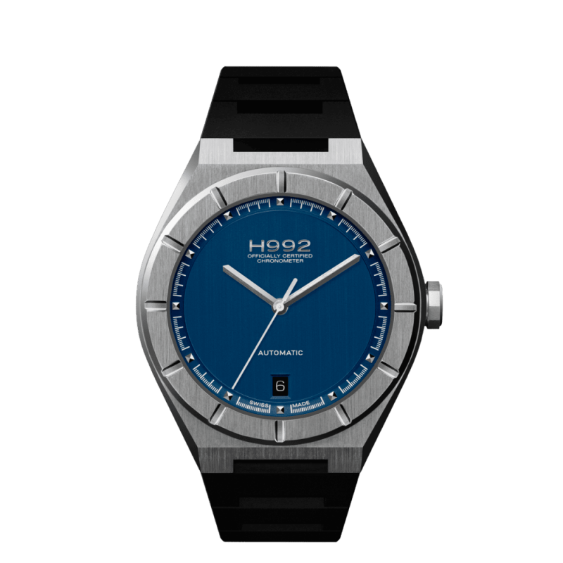 Montre automatique H992 H2 avec cadran bleu, boîtier acier 316L et bracelet caoutchouc noir.