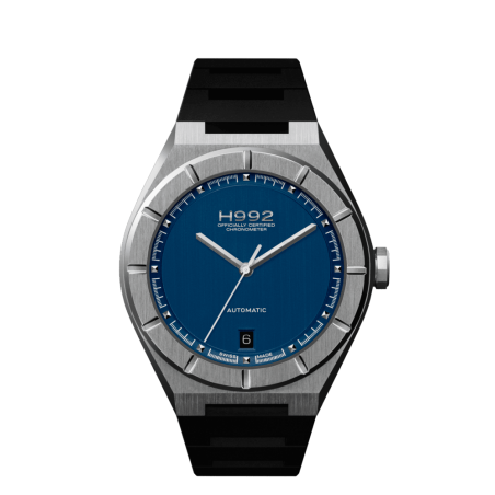 Montre automatique H992 H2 avec cadran bleu, boîtier acier 316L et bracelet caoutchouc noir.