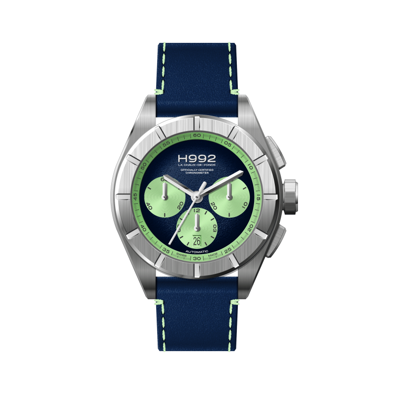Montre chrono H992 H3 avec cadran bleu et vert pâle. Bracelet en cuir bleu et surpiqûres blanches.