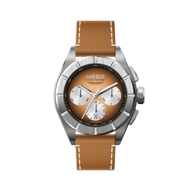 Montre de sport chronographe suisse H992 H3 cadran bronze et sous compteurs argent, bracelet en cuir marron.
