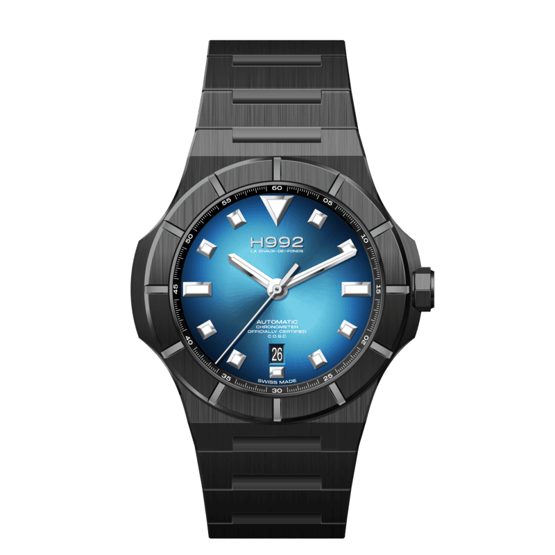 H992 H4 celestial blue tout acier en DLC noir, cadran bleu  finition soleillé.