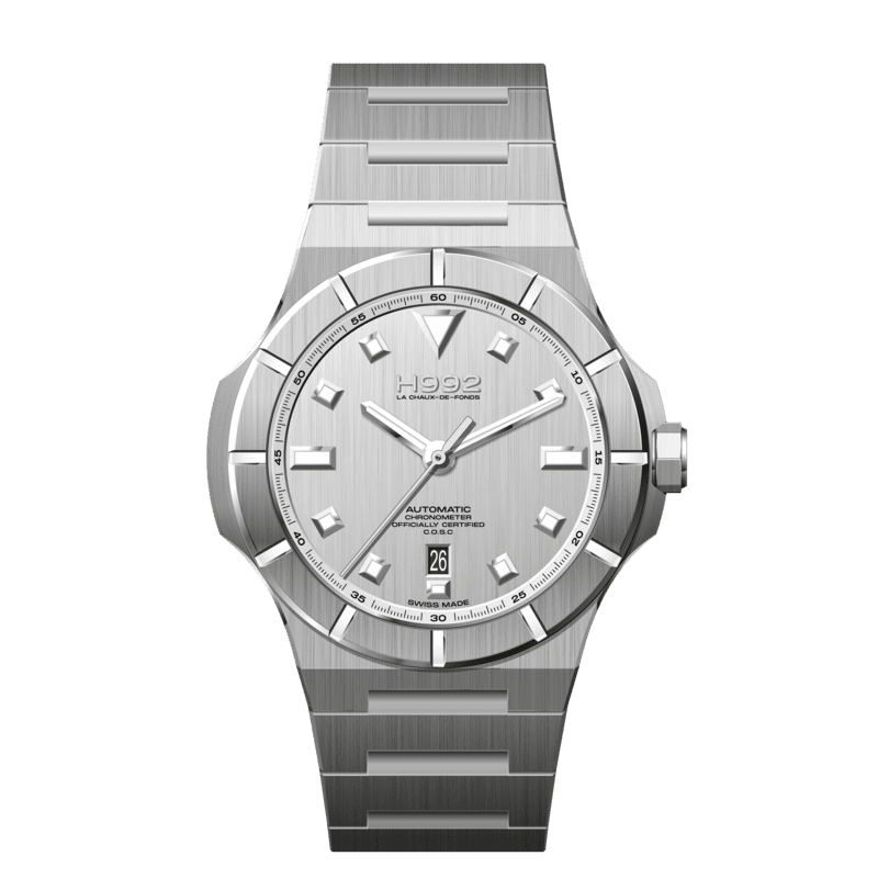 H992 H4 boîtier en acier, bracelet en acier et cadran argenté finition brossé.