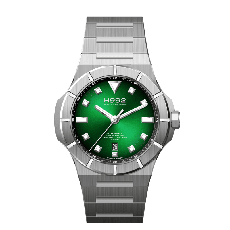 H992 H4 Green, boîtier acier, bracelet acier, boucle déployante et cadran vert émeraude soleillé.