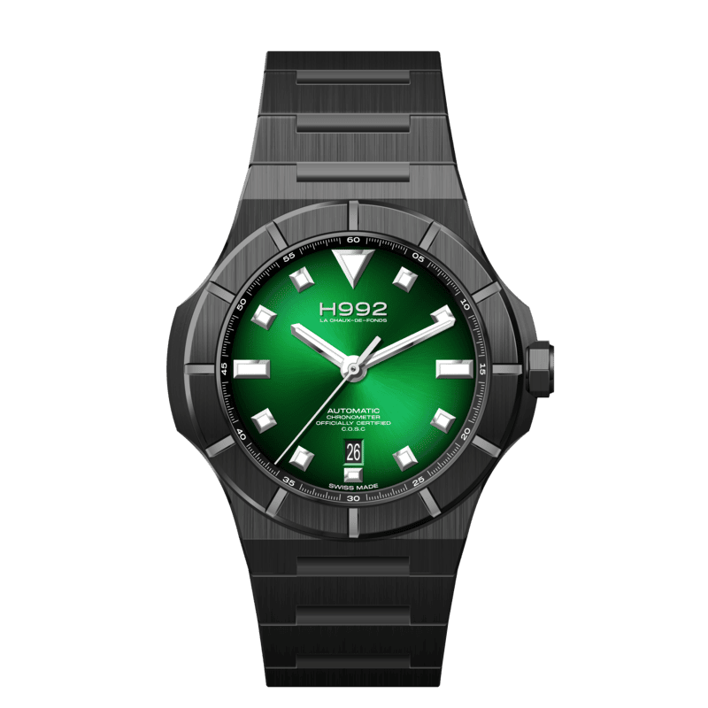 Montre chic et design H992 H4 en DLC noir et cadran vert émeraude soleillé.