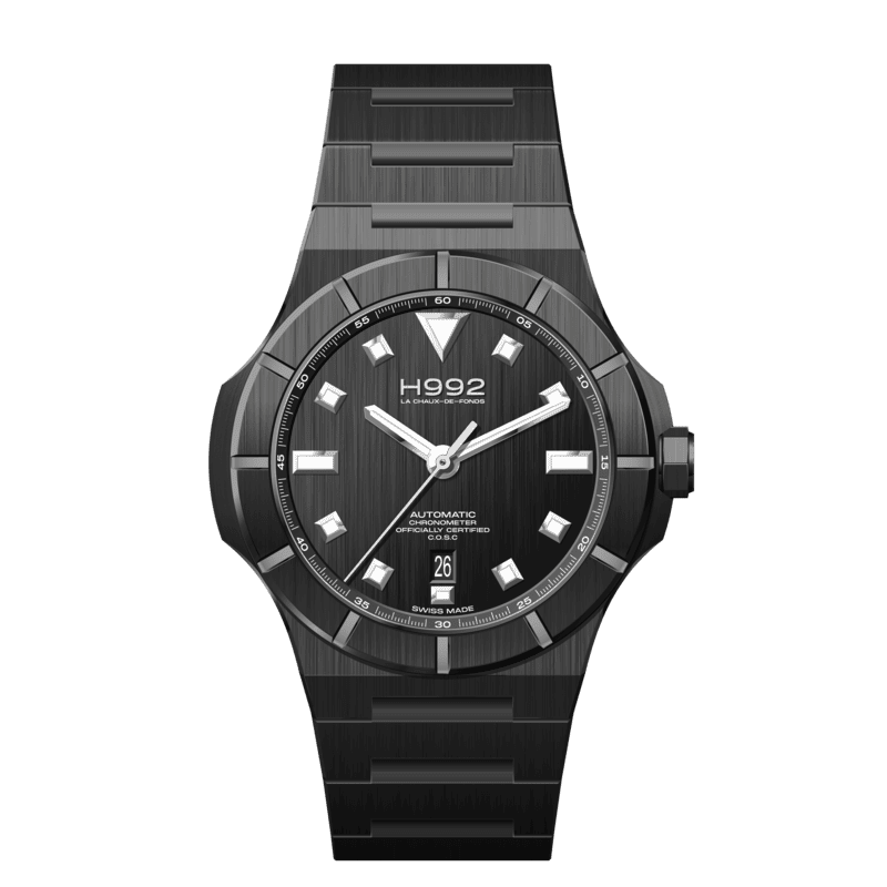 H992 H4 Black, montre suisse full black, boîtier et bracelet en DLC noir et cadran noir brossé.