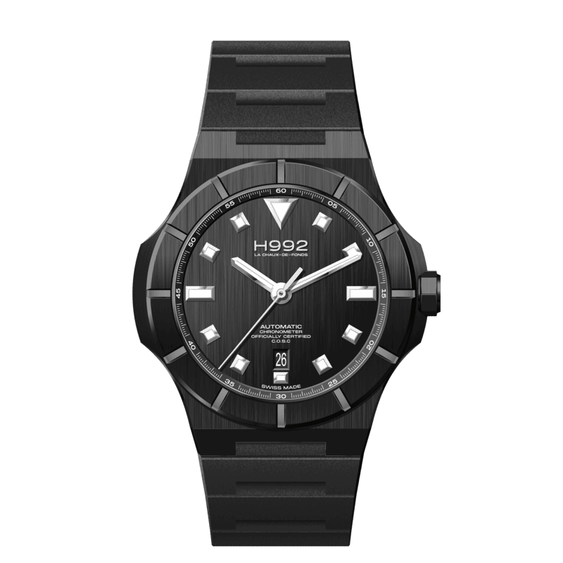 Montre élégante suisse, H992 H4 Black, boîtier en acier et DLC noir, bracelet sportif en caoutchouc et boucle ardillon.