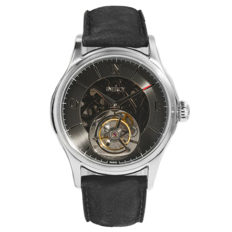 Montre Inercy ONE Skeleton en acier, cadran squelette et bracelet en cuir noir.