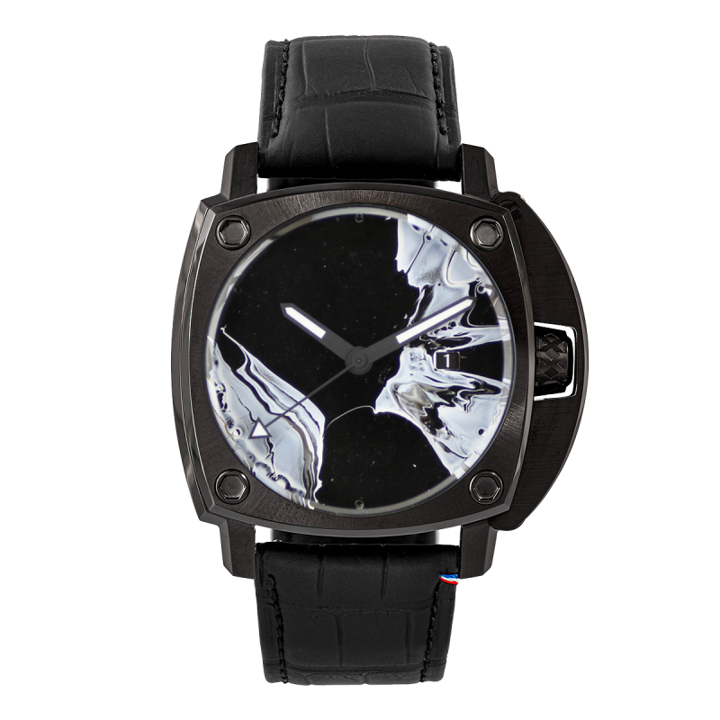 Montre Paul Kenton Humbert Droz HD11 City 17. Montre toute noire en acier avec cadran noir et blanc.