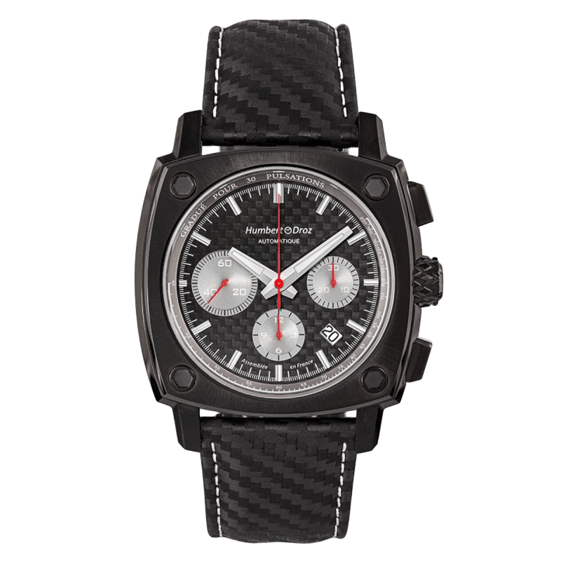 Humbert Droz HD7 Pulsomètre Acier avec bracelet en cuir et cadran noir et gris.