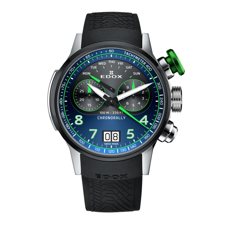 Montre de sport suisse Edox Chronorally 38003 TINV BUNV avec cadran bleu et bracelet noir