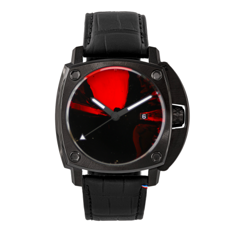 Humbert Droz HD11 Paul Kenton Amour 12, boîte intégralement noire, bracelet en cuir motif alligator et cadran noir et rouge.