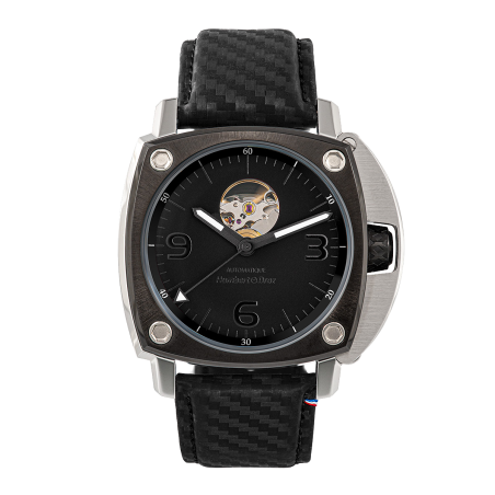 Humbert Droz DH1 carbone, montre automatique Française lunette, cadran et bracelet noirs, boîtier et protège couronne en acier.