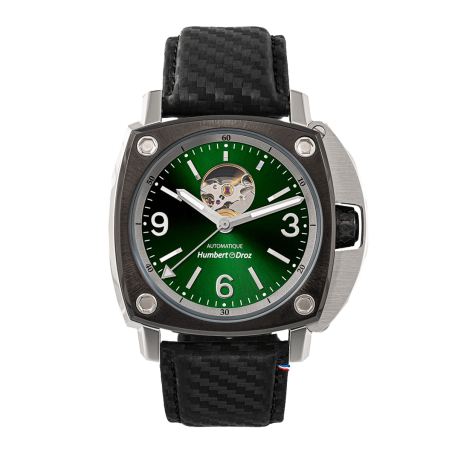 Montre automatique française Humbert Droz HD1 Chrome, boîtier en acier, lunette noire et cadran vert émeraude.